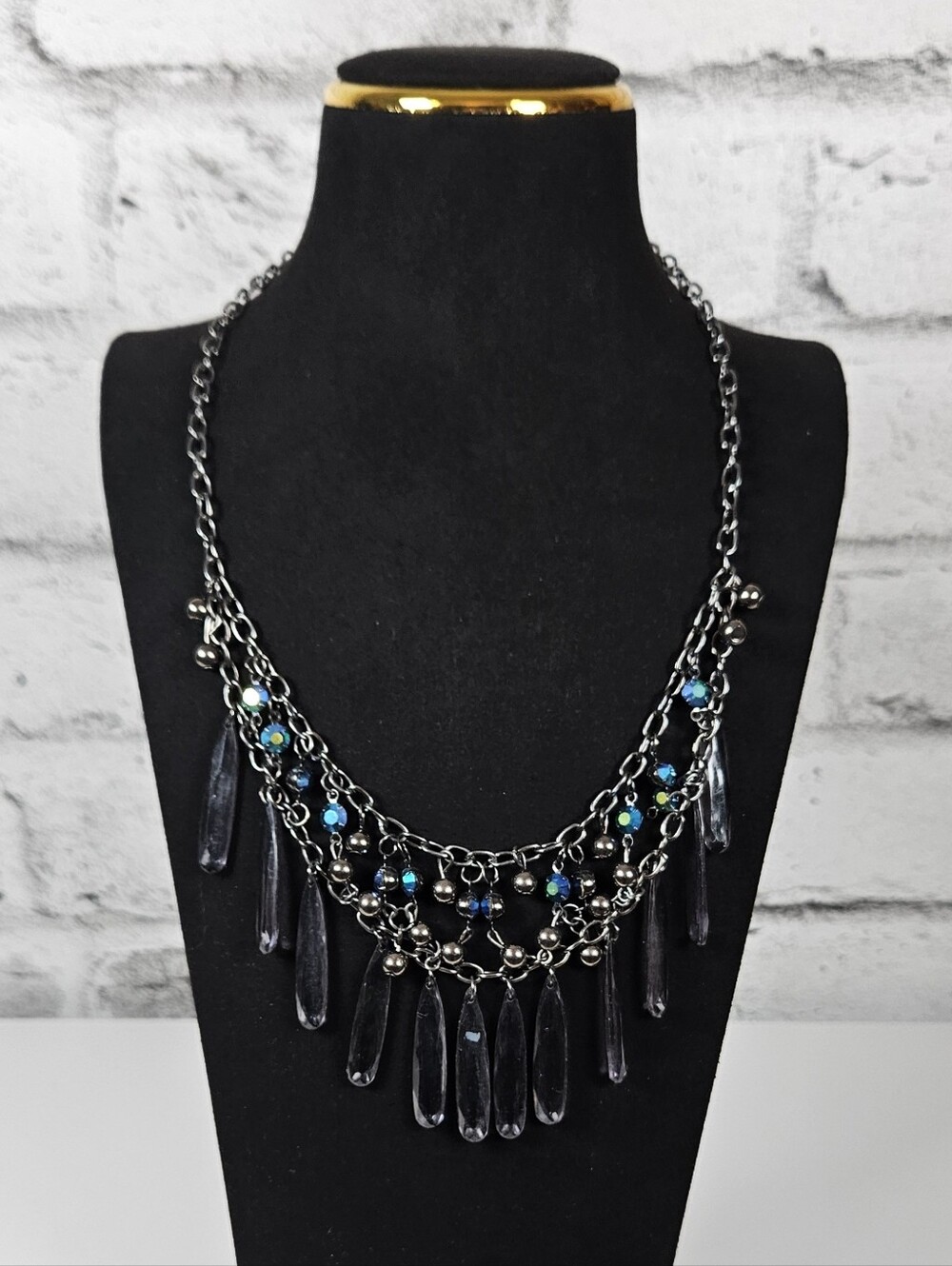 Paparazzi Gunmetal Crystal Fringe Statement Necklace Earrings Set